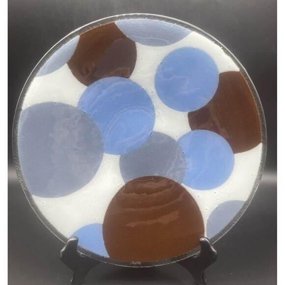 Fused Art Glass Modern Round BLUE GRAY WHITE BROWN Platter 13.75” Signed - Picture 2 of 5